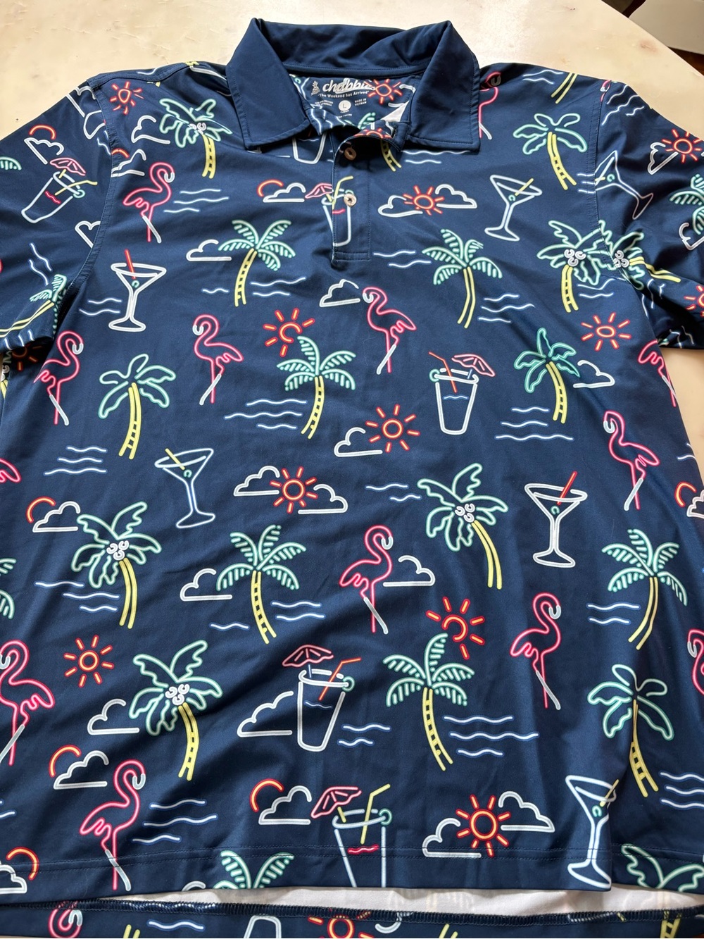 chubbies Navy Tropical Neon Flamingo Polo